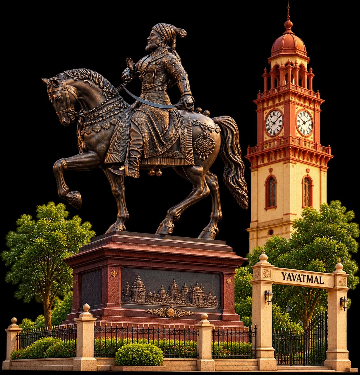 Historic statue and clock tower landmark